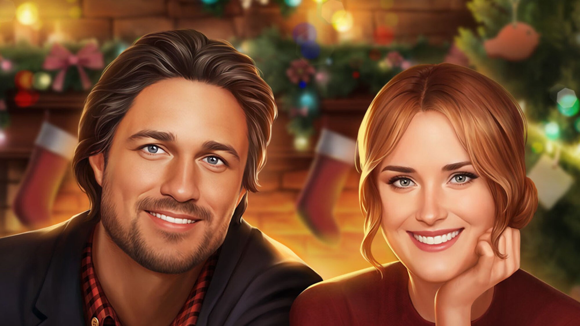 The two lead characters of Virgin River illustrated for a mobile game, sitting together among Christmas decorations.