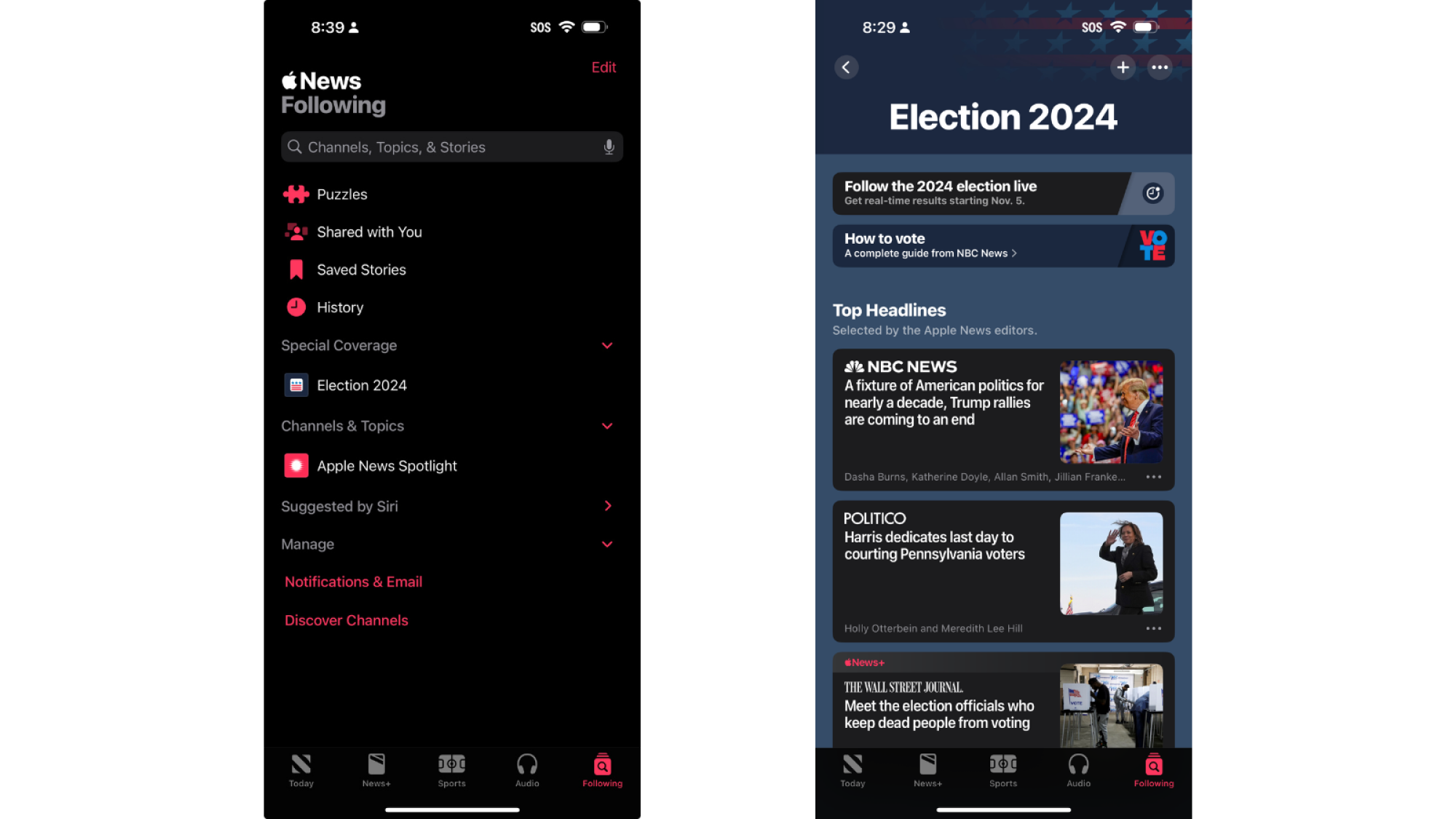 Two screenshots of Apple News, showing how to activate its U.S. Election Live Activities.