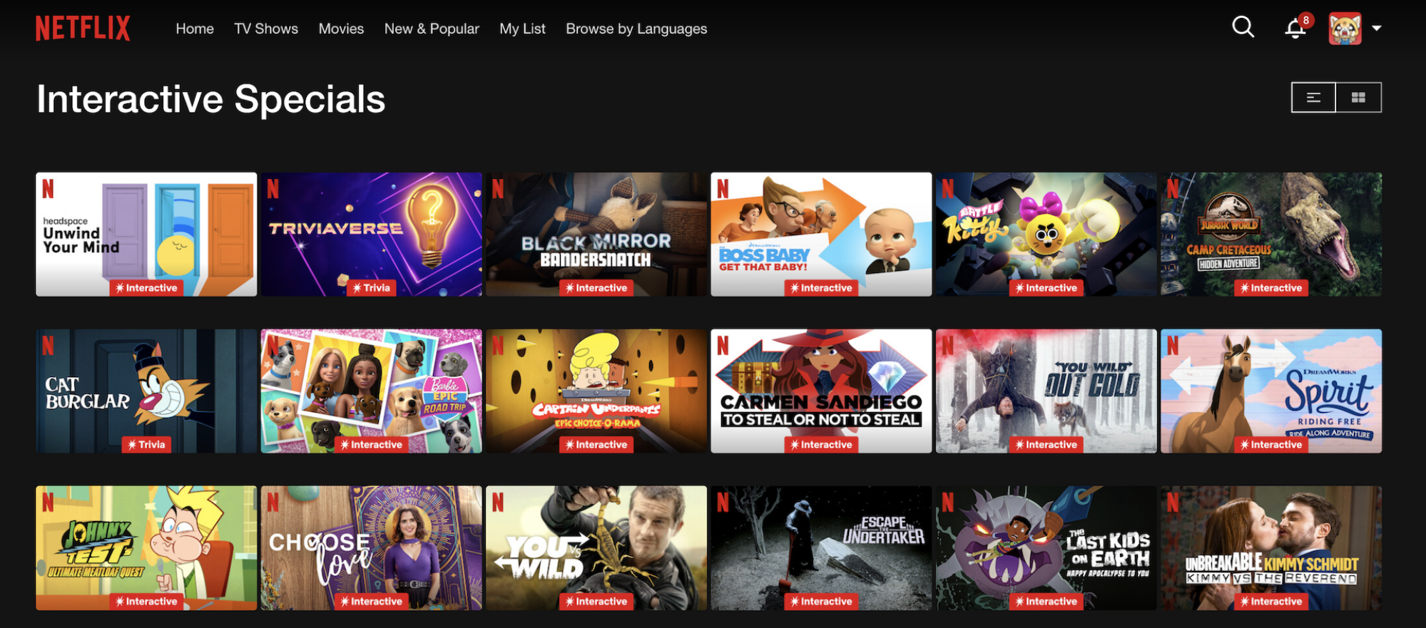 A screenshot of Netflix's Interactive Specials page.