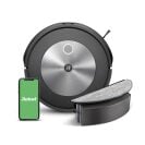 iRobot Roomba Combo j5+ robot vacuum, water tank, and smartphone with green iRobot screen