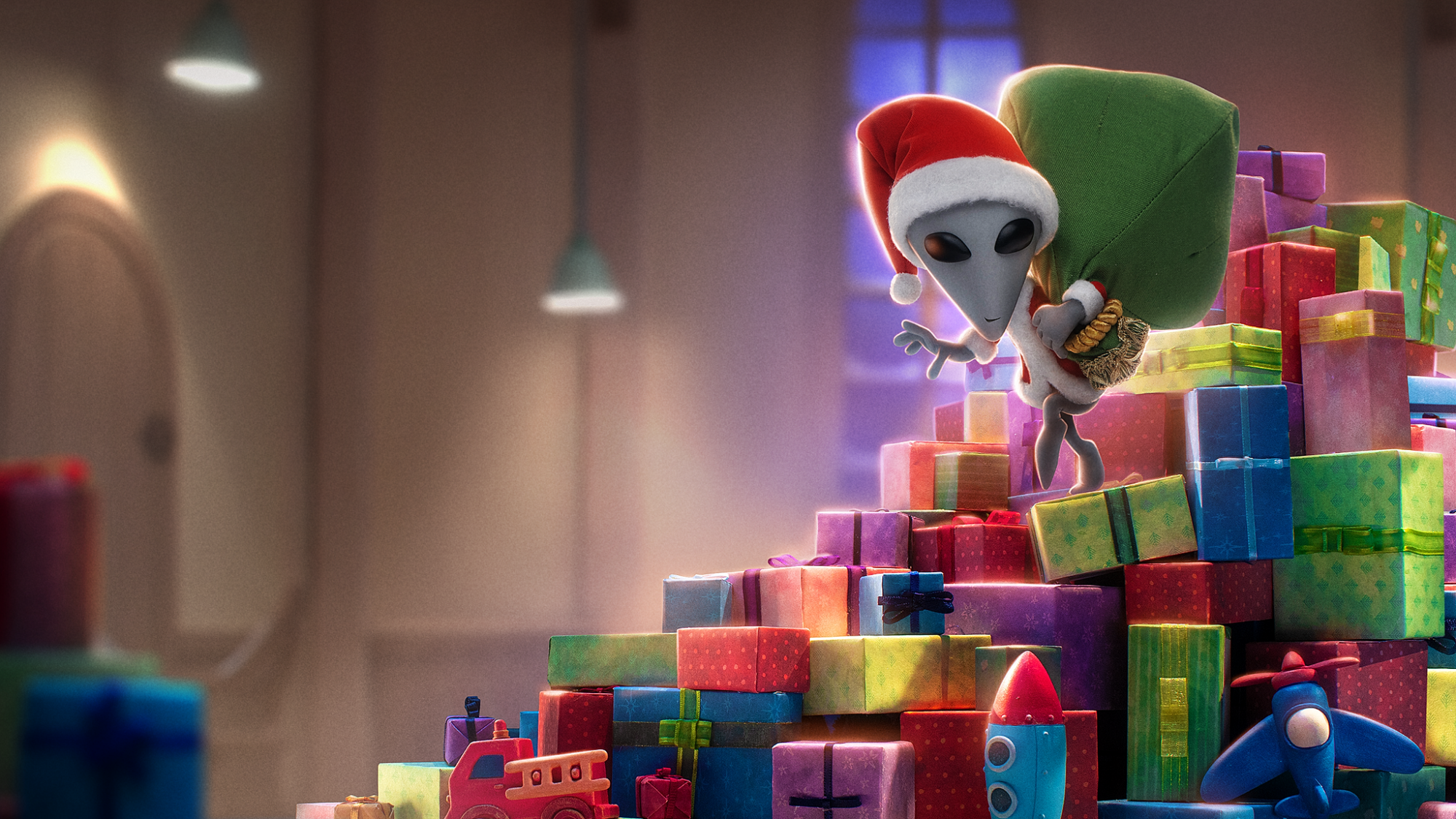 An alien peers out behind Christmas presents.