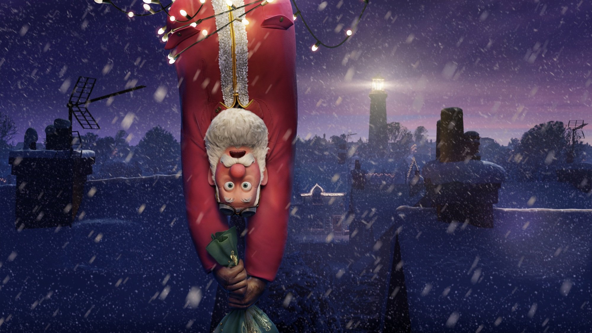 Santa hangs upside down in "That Christmas."